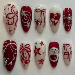 10 Pcs 3D Almond Nails, Butterfly Star Cherry Hand Painted, Pearl Rhinestone Accent, Glossy Fake Nails for All Women