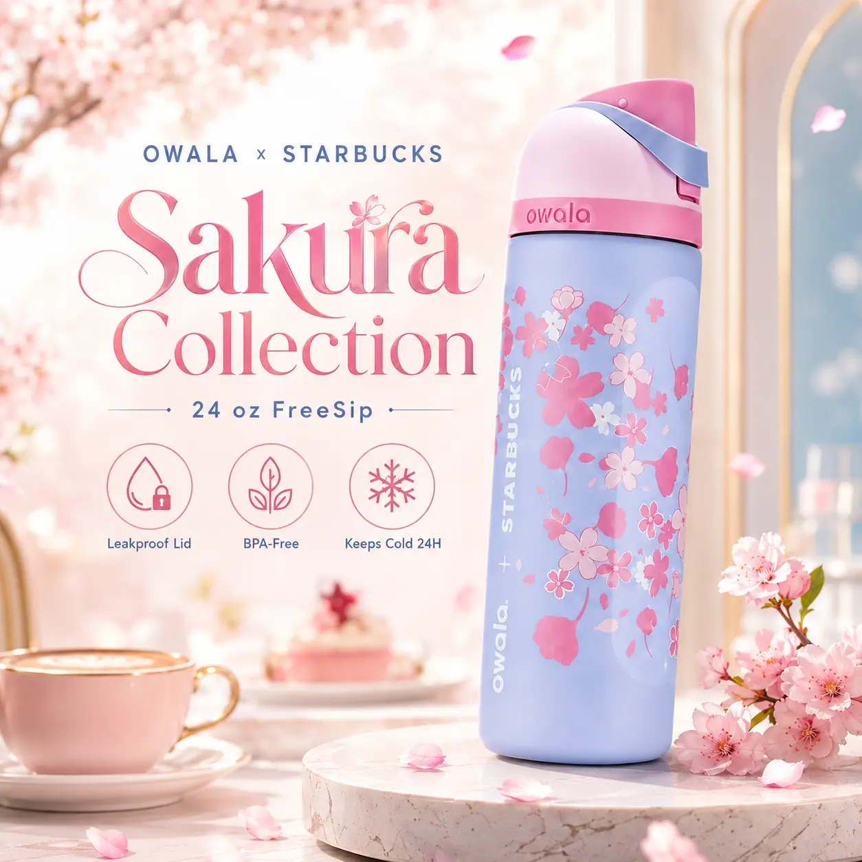 Owala x Sakura Sakura FreeSip 24oz Water Bottle Leakproof Insulated Stainless Steel Cherry Blossom Travel Gift for Women**