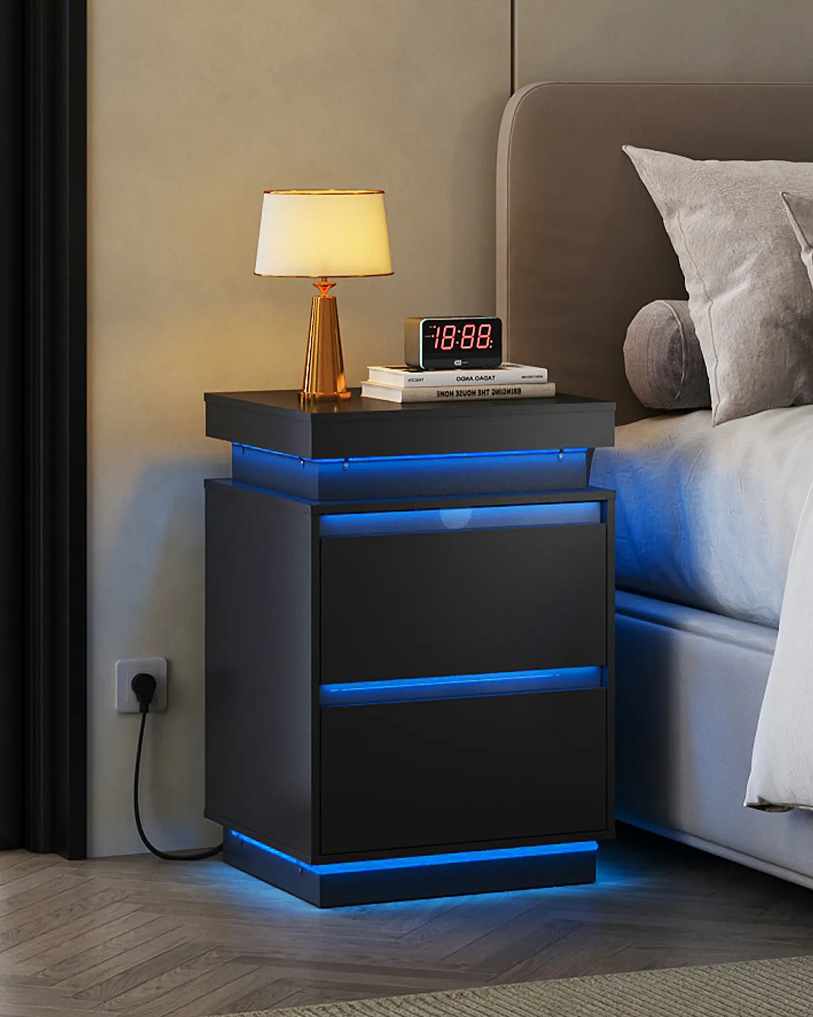 WLIVE Black Nightstand with Charging Station and LED Lights, Bedside Table with 2 Wooden Drawers and Sliding Top, Modern End Table Side Table for Bedr