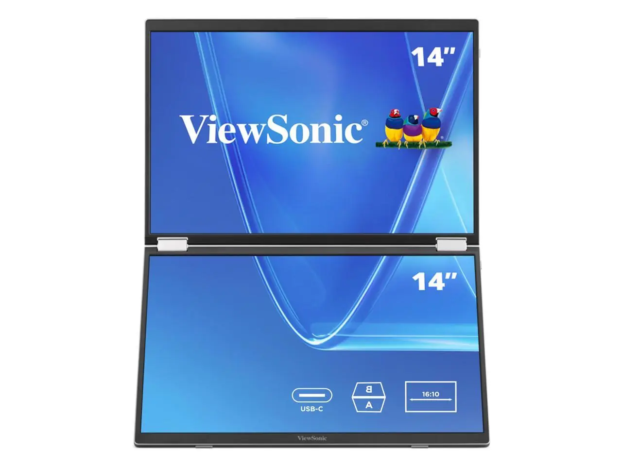 ViewSonic VG1457 14" Dual Portable Monitor, 1920 x 1200 IPS Display, Foldable Dual-Screen Design, Auto Screen Rotation, 65W USB-C PD, Mobile Workstation Display