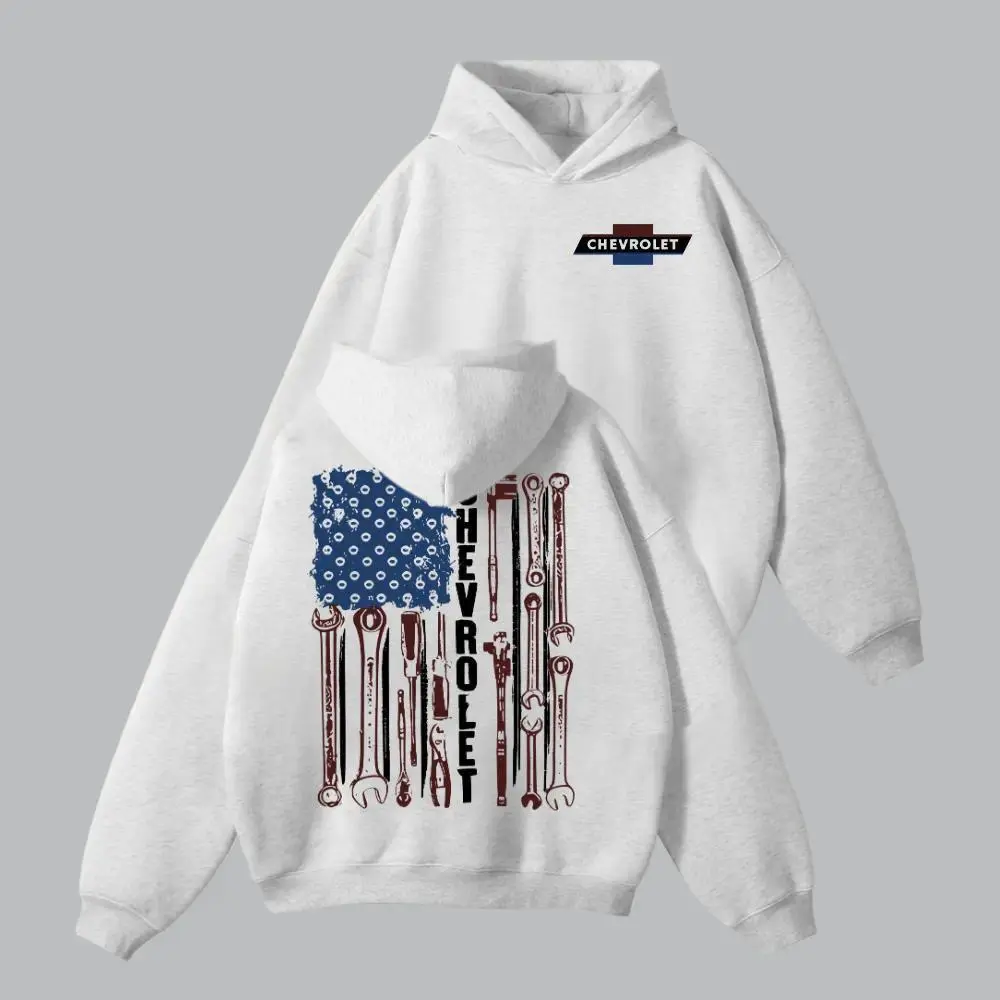 Men's Casual Cotton Mechanic Hoodie - Vintage Heavyweight Fabric, American Flag Wrench Graphic Print, Patriotic Reinforced Crew Neck Pullover, Classic Chevy Logo Top for Car Guys