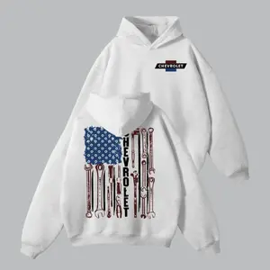 Chevrolet Mechanic Flag Hoodie – American Flag Wrench Graphic Pullover, Patriotic Garage Hoodie for Car Guys, Classic Chevy Logo Design