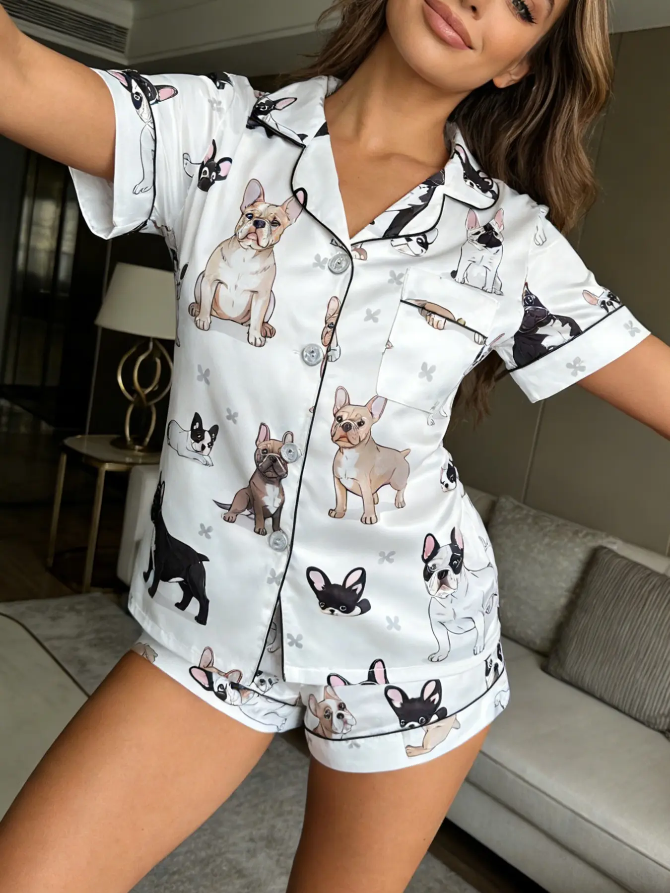 Women's French Bulldog Print Pajama Set, Bottom Border Short Sleeve Shorts Lapel Open Front Home Wear Two-Piece Suit Loungewear