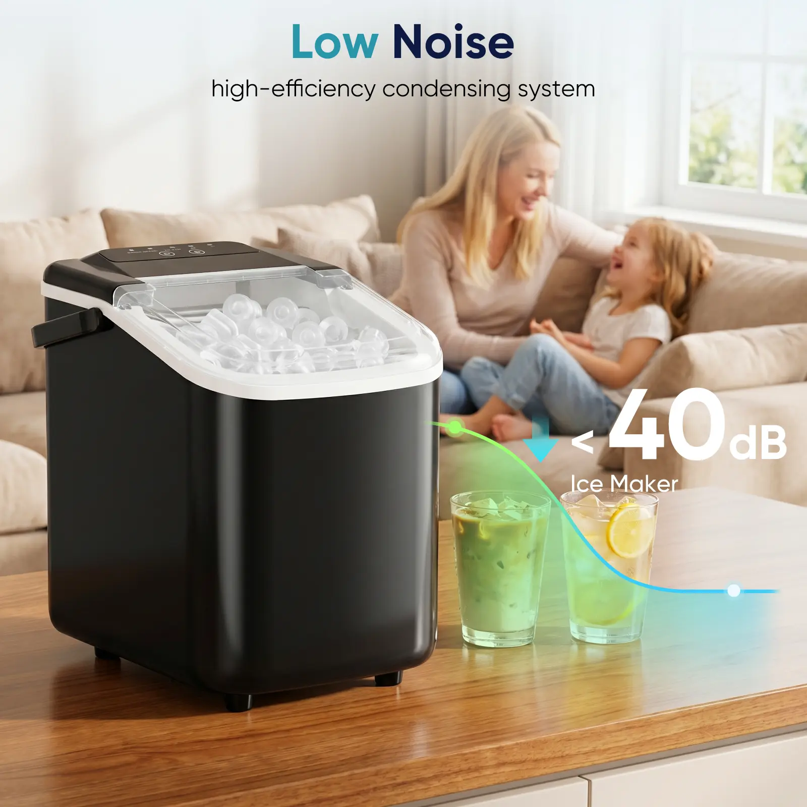 Desktop ice maker,with movable handle,can produce 9 ice balls in 6 to 8 minutes,equipped with a basket and a spoon,Low Noise, easy placement and carrying in the kitchen,office,or outdoor camping,Multiple sizes and colors