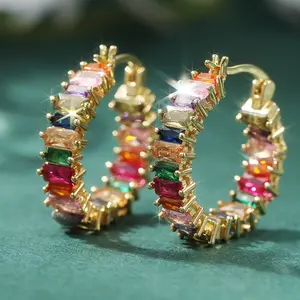 Copper Material Luxury Golden Hoop Hand Inlaid Square Multi-Color Synthetic Zirconia Earrings for Women'S Engagement, Wedding, Party Earrings