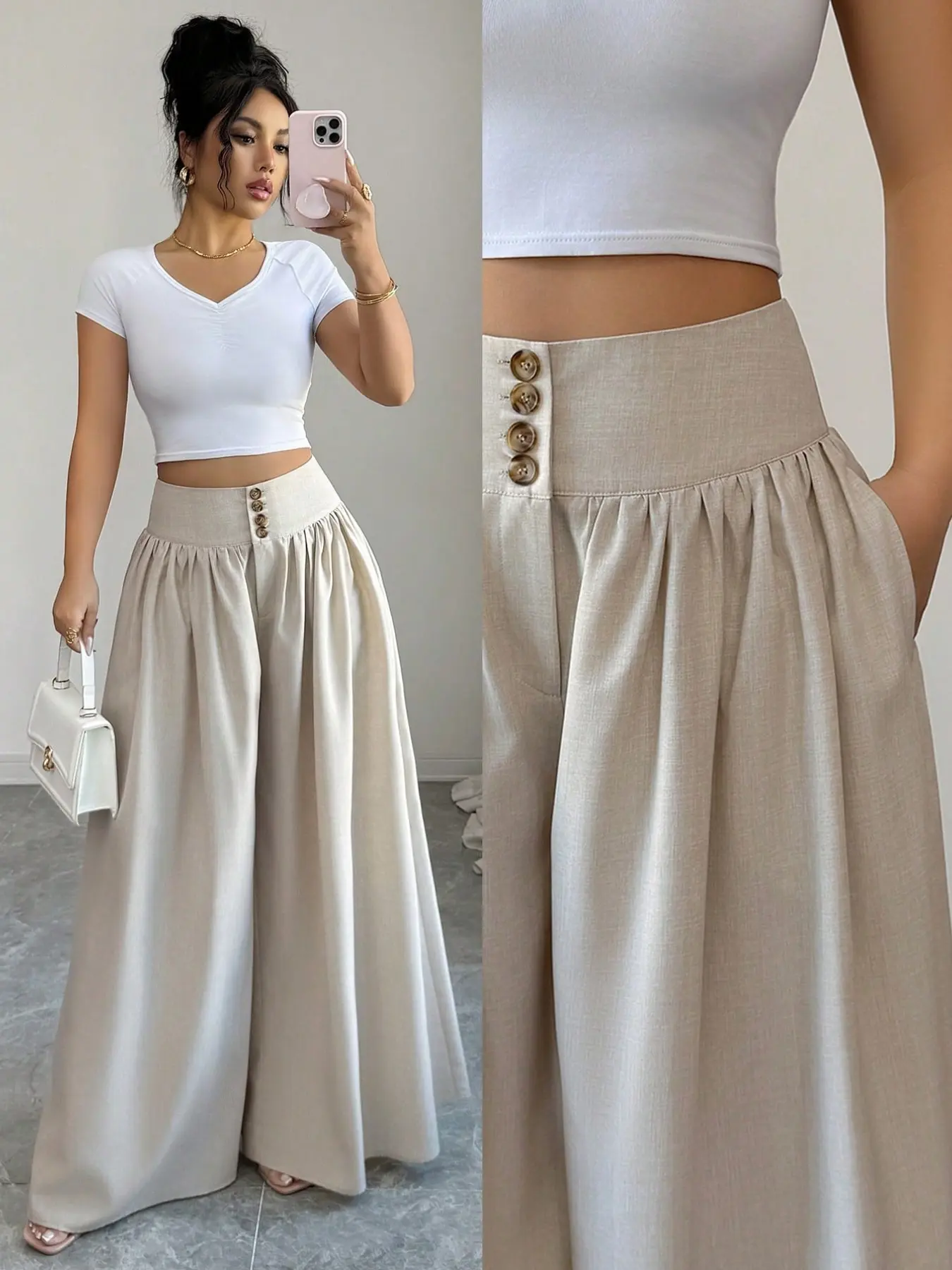 New Women's Casual Elegant Chic Style Floral Buckle Design High Waist Oversized Loose Wide Leg Pants, Linen Long Pants, Spring Summer Wear, Palazzo Pants, Womenswear, Bottoms