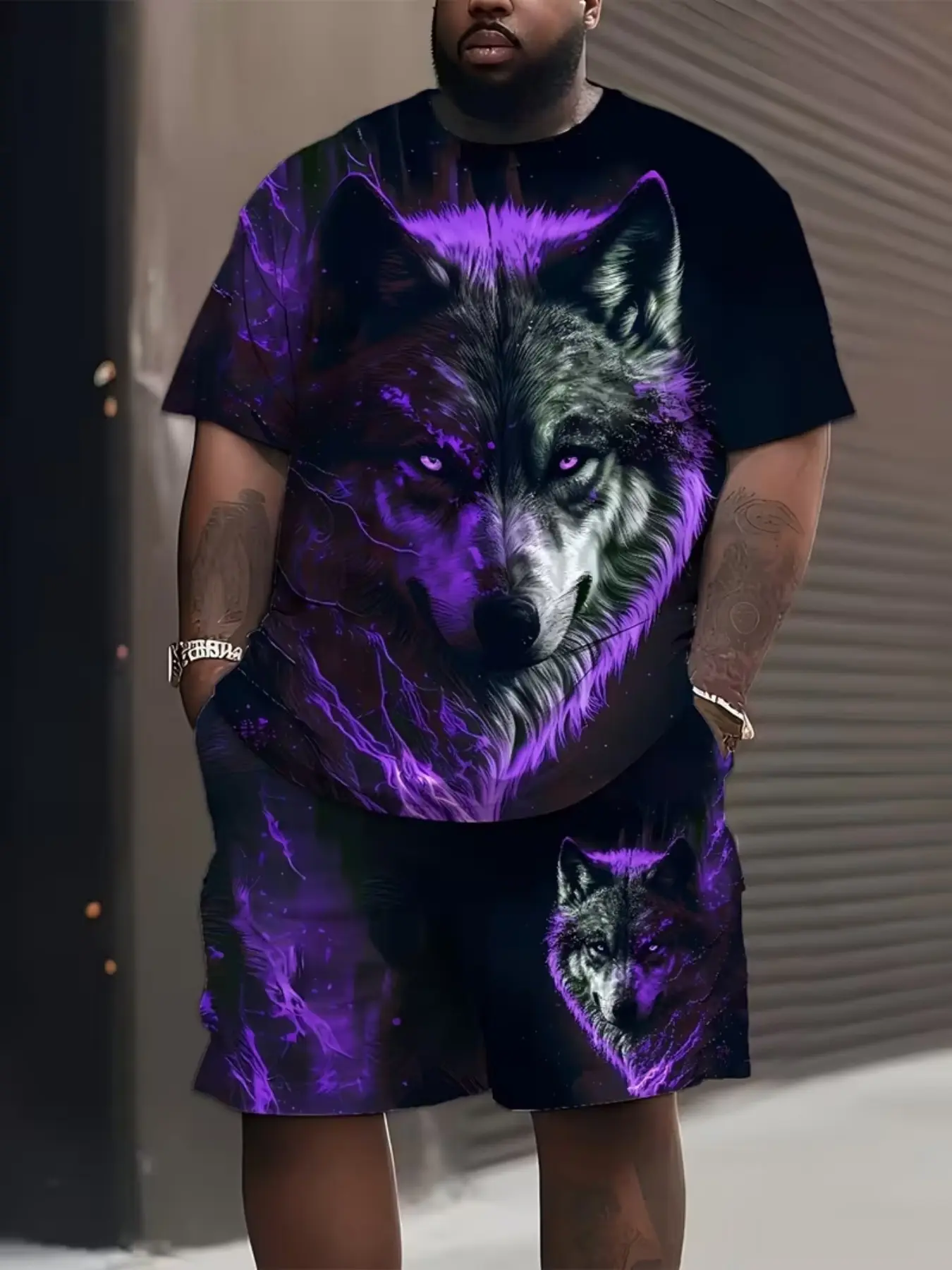 Men's Plus Size 3D Wolf Print T-Shirt and Shorts Set, Polyester Material, Summer Sports, Party, Travel, Gift, Outfit, Menswear, Clothes