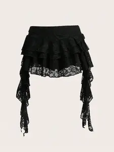 Women's Coquette Lace Ruffle Mini Skirt, Tiered Sheer Mesh Asymmetrical Fairycore Skort, Feminine for Festival & Brunch