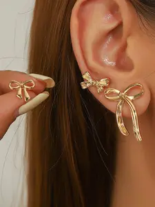 Bow Stud Earrings Set, Fashionable Girls' Accessories, Elegant Gold Design, Perfect Gift for Women and Teens