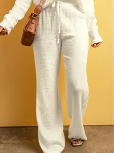 Textured Loose Fit Drawstring High Waist Pants,  Featuring a Solid Color Design, It is Versatile and Can Be Easily Paired With any Top.