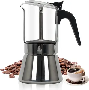Stovetop Espresso Maker, 6Cup 240ml Classic Moka Pot,  Glass-top & Stainless Steel Coffee Maker Mocha Pot, Greca De Cafe, Cuban and Italian Coffee Maker for Cafetera Cubana