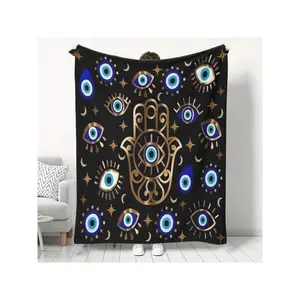 Cozy Black Throw Blanket with Mystical Evil Eye & Golden Hamsa Hand Patterns - Bohemian Home Decor