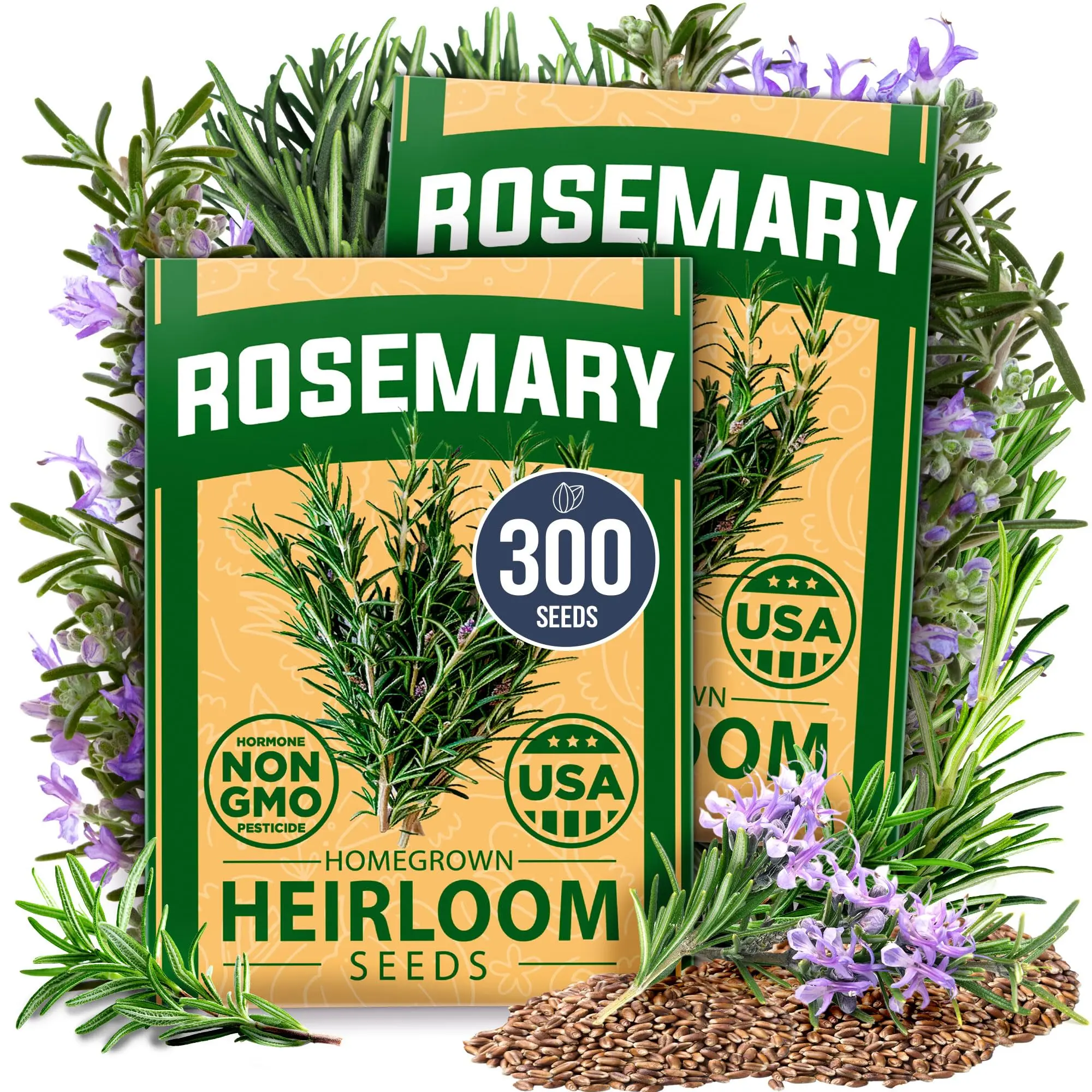 Rosemary Seeds Pack - 300 High Germinating Non-GMO Heirloom Herb Seeds for Planting in Indoor or Outdoor Herb Gardens - USA Sourced (Salvia rosmarinus)