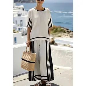 Women'S Loose Slit Contrast Striped Pants Set