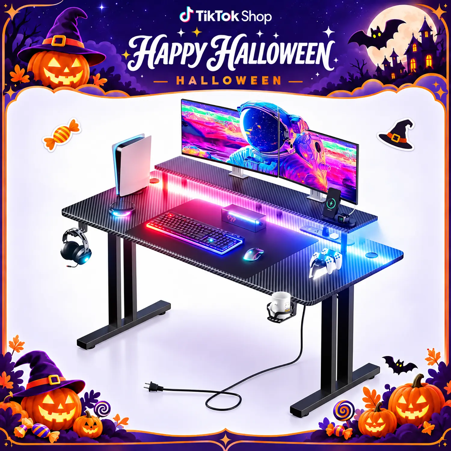 Ecofurnix,LED light game table & power socket, computer gaming desks & monitor stand, ergonomic carbon fiber game table, home office desk with cup holder, headphone hook and mouse pad, simple assembly summerwins