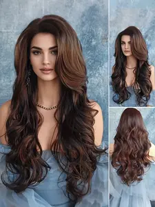 Women's Long Wavy Synthetic Hair Wig, Middle Part Design, Heat Resistant Fiber, Easy Wear Daily Use, Fashionable & Comfortable Hairstyle, Synthetic Material Wigs