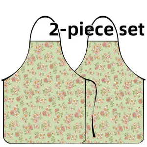 Green Floral Print Polyester Apron Set, 2 Counts ﻿Mother's Day Gift Apron,Nails Design Tool,﻿Cool Summer Cooking Apron,Apron for Women,Gift for Daughter&Mother&Wife&GF,Kitchen Essential