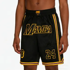 Summer 2026 Basketball Jersey Shorts, Beach Pants, MAMBA 8–24 logo, sewn embroidery, four pockets, breathable mesh fabric, drawstring elastic waistband, outdoor sports shorts, American large size, black