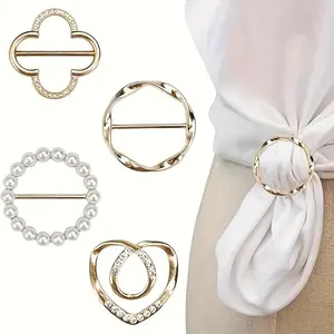 4-Pack Elegant Scarf Ring Clips - Zinc Alloy Metal Round Shirt Clip Buckles for Ties, Dresses, and Scarves, Fashion Accessory for Women, No Feather, Care Instructions Included