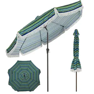 10 ft Patio Umbrella with Fringe, Tassel Outdoor Beach Umbrella for Sand with Push Button Tilt, 8 Fiberglass Ribs, UV 50+ Sun Protection for Garden, Pool, Backyard