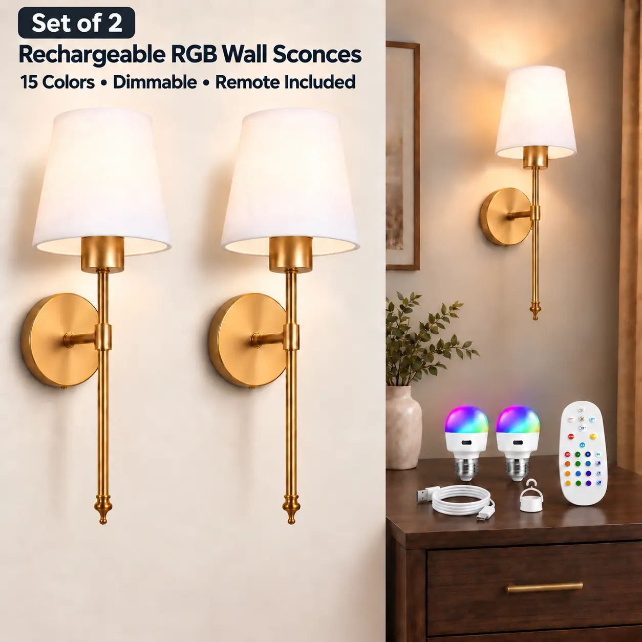 2-Pack Rechargeable LED Wall Sconces with Remote, Battery-Operated Cordless Dimmable RGB Wall Lights, 15 Colors, 2 Dynamic Modes, 10 Brightness Levels, 3 Color Temperatures & Timer for Bedroom, Living Room & Hallway