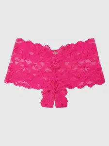 Sneaky Lingerie Hot Pink Lace Crotchless Cheeky Panty with Laceup Detail Scallop Trim Knicker Exquisite Lace Material Criss-cross Back Design