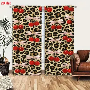 2D Flat  Hot Leopard Print Background with Red Cherries Pattern 2-Piece Curtain Set, Light Pink Ribbon Cherry Clusters, Beige Black Brown, Playful Stylish Bedroom Living Room Window Drapes