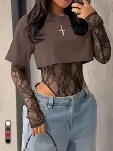 Women's Sexy 2 in 1 Bodysuits, Sheer Solid Color Lace Patchwork, Long Sleeve Crop Tops, All Seasons Club