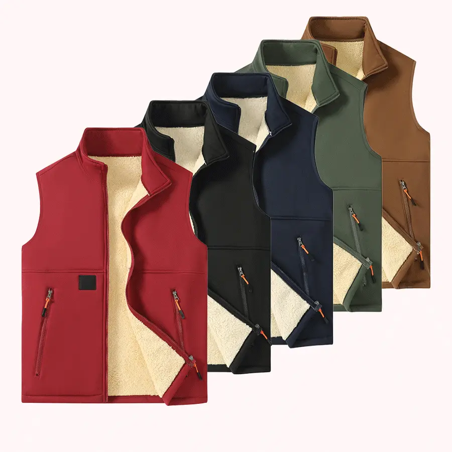 Men’s fashion casual vest with a fleece design, basic regular fit, zippered pockets, suitable for autumn and winter wear.