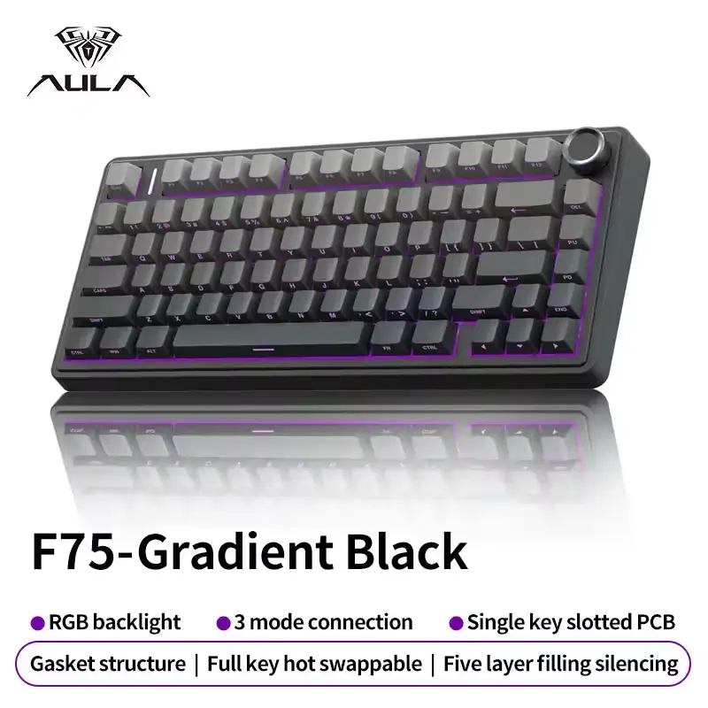 AULA F75 75% Creamy Gradual Change Gray Gaming Mechanical Keyboard, Hot Swappable, RGB Backlit, 2.4G/BT5.0/Wired 3 Modes, Customizable Wireless Model, Hot Swappable Keyboard, Rgb Backlit Keyboard
