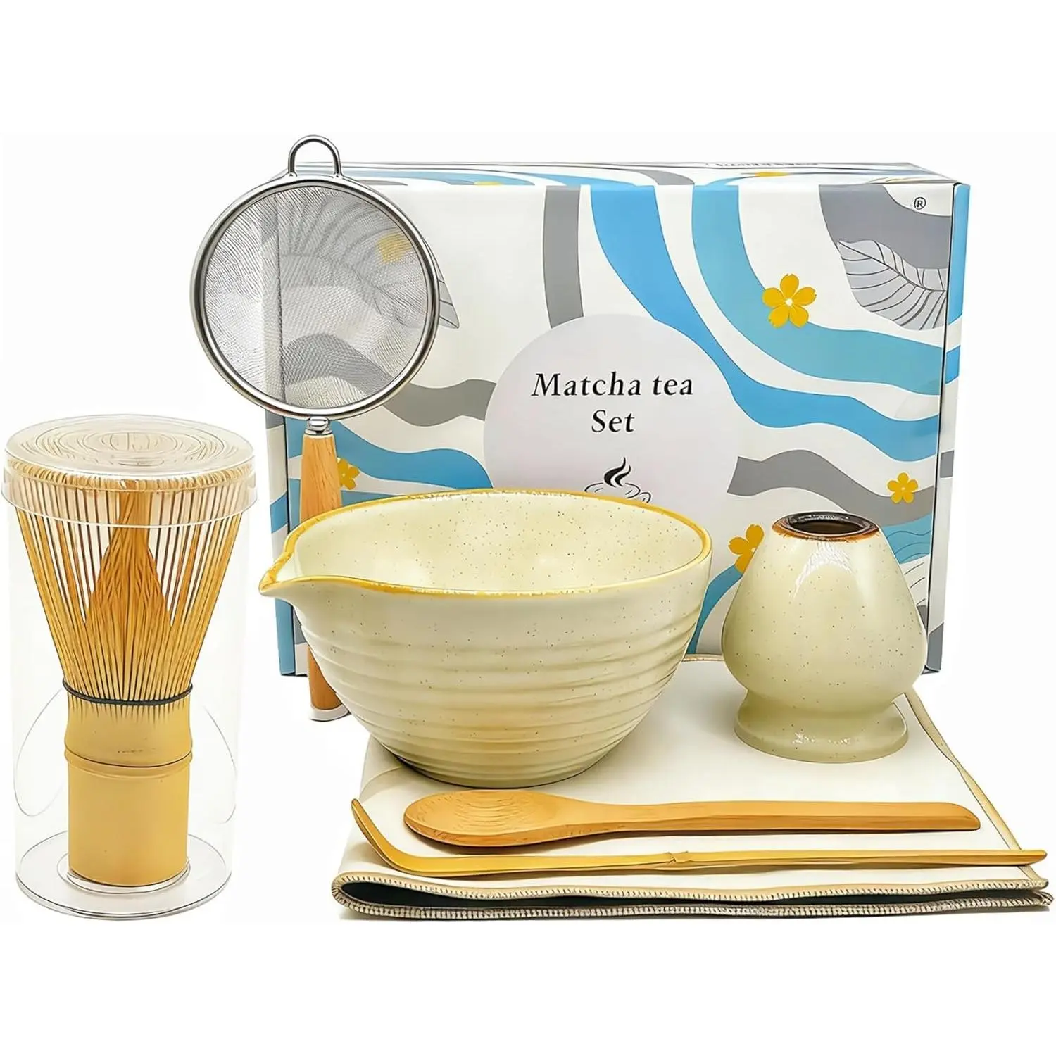 Matcha Whisk Set 7 count,  Matcha Making Kit with Ceramic Chawan Bowl,  Chasen Whisk, Scoop, Sifter & Holder - Complete Starter Kit for Beginners, Christmas Thanksgiving  Idea