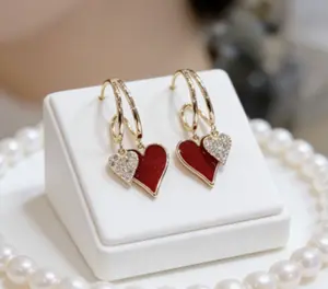 Vintage Red Enamel Heart Earrings, Sparkly Love Charm Hoop Earrings, Elegant Daily Wear Jewelry for Women Girls