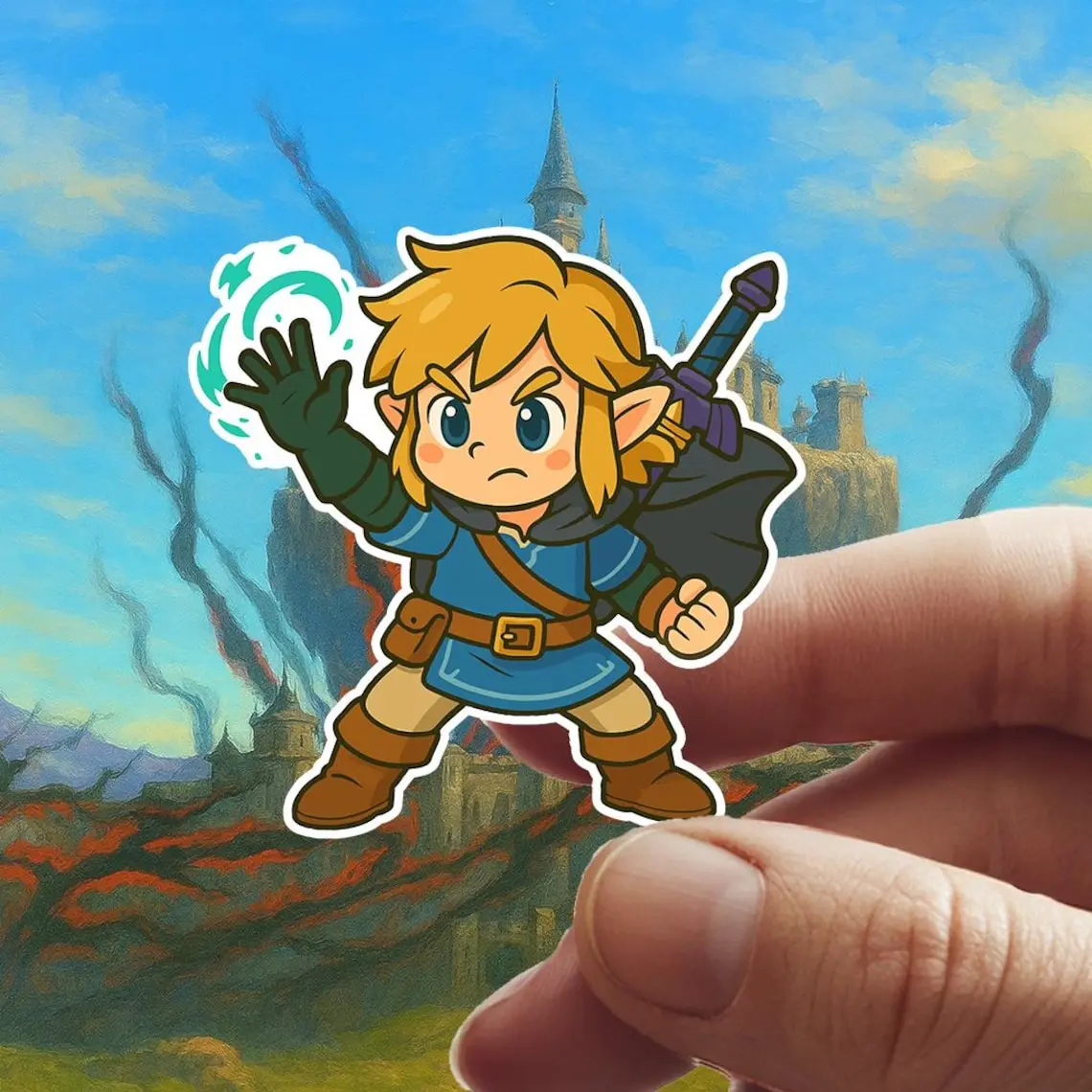 Legend Of Zelda Link with Zonai Hand Tears of The Kingdom Cut-To-Size Waterproof Vinyl Sticker for Laptop, Water Bottle, and More!