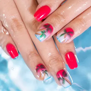 Island Glow Tropical Press-On Nails – Bright Pink Base with Palm Tree and Beach Sunset Design, Long-Lasting Reusable False Nail Set, Easy to Apply, Perfect for Summer Vacations, Beach Parties, Festivals, and Fun Everyday Tropical Manicure Styles