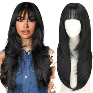 AISI HAIR Long Layered Wig with Bangs for Women  Natural Straight Wig Synthetic Hair for Daily Party Use 26 Inch Glueless Ready To Wear Wig Machine Made Wig