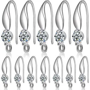 12pcs Silver Plated Rhinestone Earring Hooks Brass Ear Wire Fish Hooks with Open Loop Round Rhinestone Earring Components for Women DIY Earrings Jewelry Making