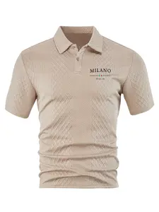 Men's Fashion Casual Golf Polo Shirt, Fitted, Short, Milano Letter Print, Breathable Textured Fabric, Casual Wear, Commute, Business Leisure, Weekend Outing