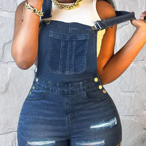 Chic Women's Ripped Denim Bib Shorts - Dark Wash & Adjustable Straps