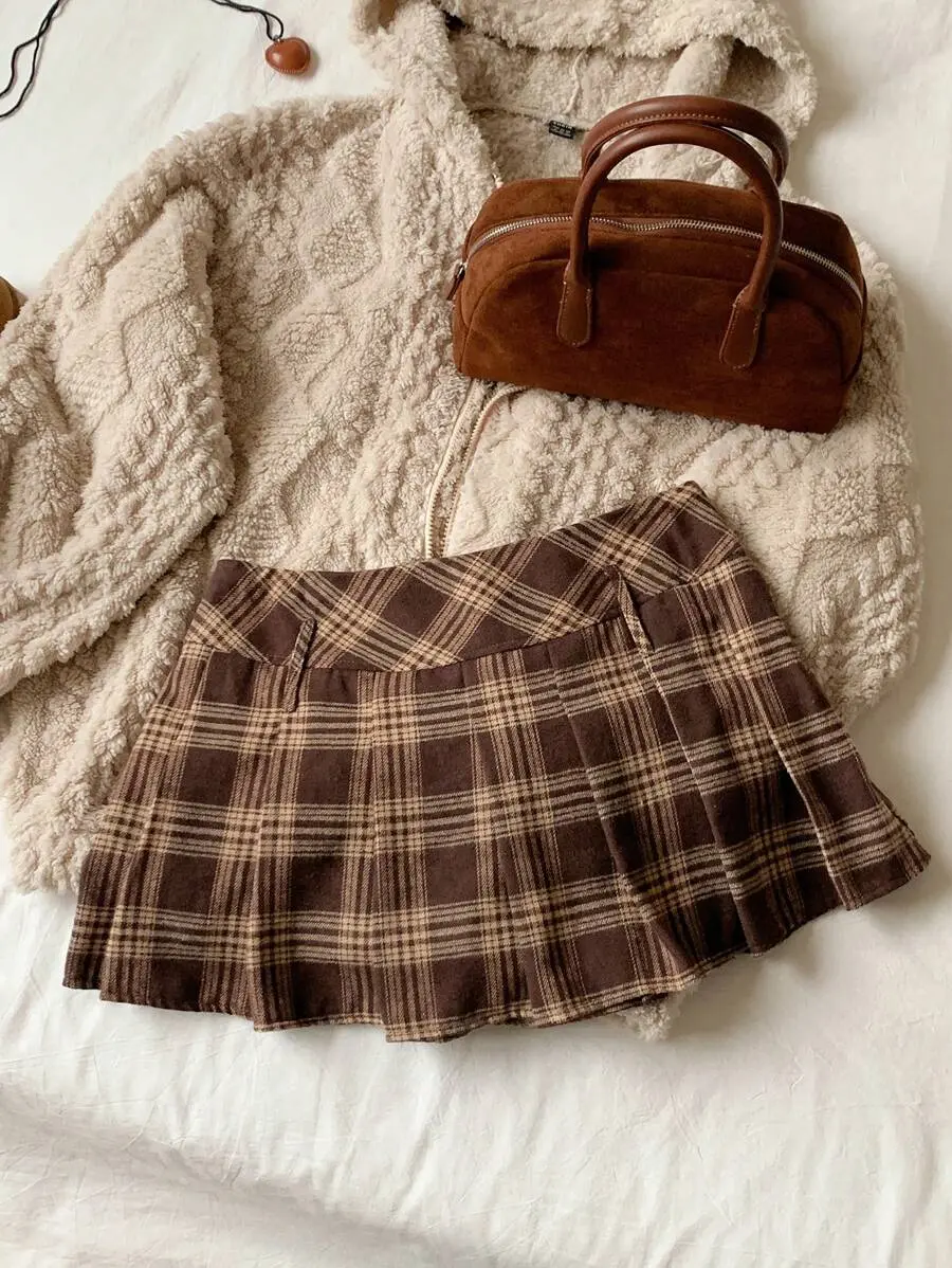Comfortcana Plus Size Brown Checkered Apocalypse Music Festival Mini Skirt Plaid Skirt,Back To School Fall