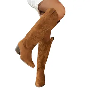 Cowboy Boots For Woman with Classic Embroidered, Middle Calf Slip On Pointed Toe Chunky Heel Fashion Retro Classic Pull On Tall, Botas, Halloween, Vintage western boots, embroidered knee high boots, women's fashion cowgirl boots