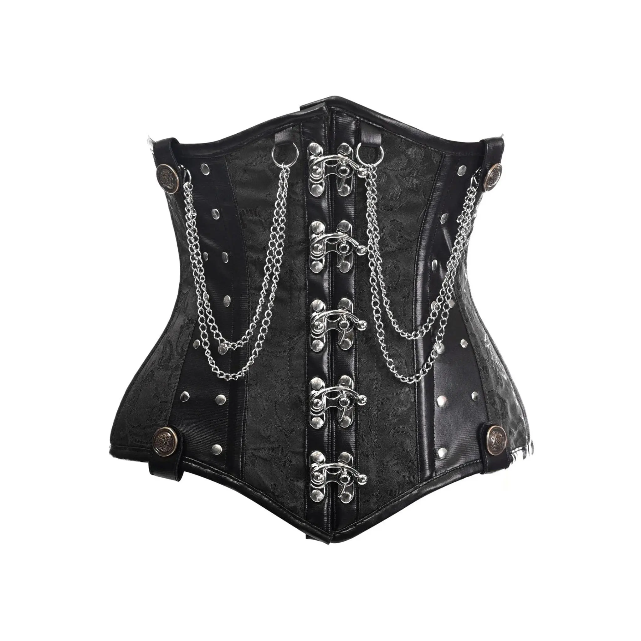 Steel Boned Underbust Corset in Black Brocade with Chains & Clasps, a Gothic Style Waist Trainer with Lace Up Back for Costumes