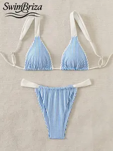 Briza｜Striped Triangle Thong Bikini With Lettuce Trim Blue White Triangle Biknis For Bikini Sets And Swim Sets For Women, A Two-Piece Swimsuit For Women Giving Swimsuits 2 Piece Bathing Suits 2 Piece Set Vibe Vacation Swimwear For Women