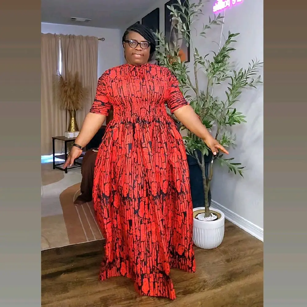 Crimson Fracture Dress - Elegant Red and Black Patterned Midi Dress with Pleated Design for Special Occasions