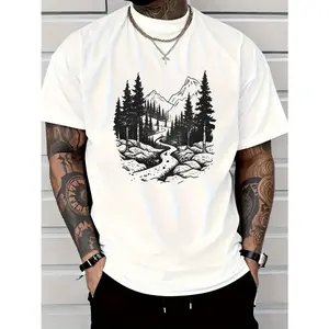 Minimalist, Men's 100% Cotton T-Shirt with Mountain Forest Path Print – Casual Black Short-Sleeved Tee, Breathable & Machine Washable, Ideal for Hiking & Casual Attire, Hiking Apparel | Casual Style Tee | Machine Washable Top