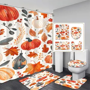 Thanksgiving Pumpkin & Maple Leaf Bath Curtain Set, Includes 12 Hooks, Bathroom Decor, Mat, Toilet Lid Cover, U-Shaped Pad, Ideal Gift