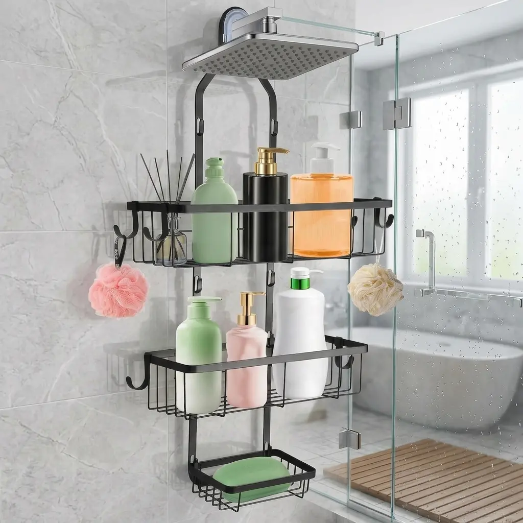 [HUOMAQFAN] Minimalist Hollow Stainless Steel Over-Shower Head Wall Caddy - No-Drilling Installation, Rustproof, Height-Adjustable 14x4.3x26in Single Unit Bathroom Hanging Organizer with Toiletry Storage Hooks, 14X4.3x26"