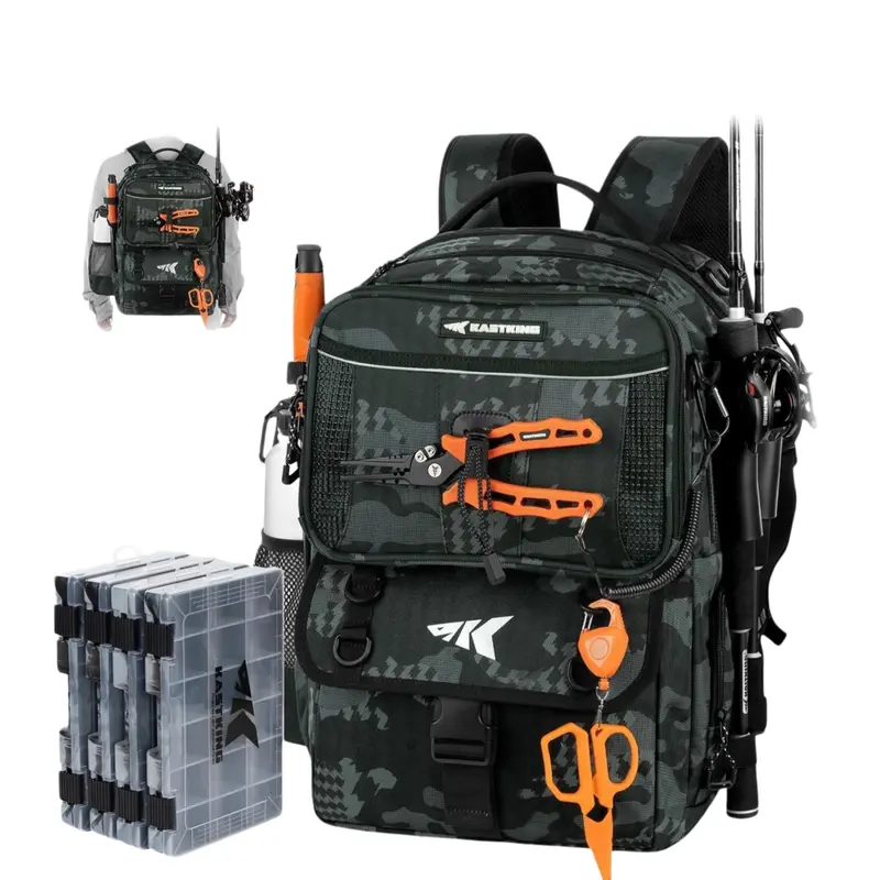 50L BaitSpace Fishing Tackle Backpack with Removable Bait Binder & 4 Tackle Boxes, Rod Holders Storage Fishing Gear