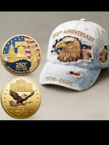 Patriotic Eagle Memorial Set, Adjustable Baseball Hat and Coin, 250th Anniversary Independence Day, American Theme Gift for Men, Collector's Choice