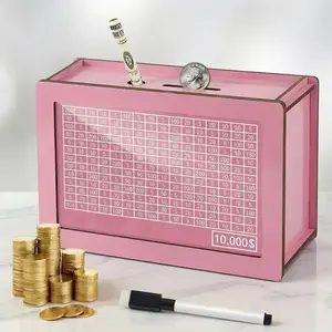 Pink Modern Wood Piggy Bank with Target, Counter, Durable Portable Cash Coin Jar for Home Decor, Dormitory Use
