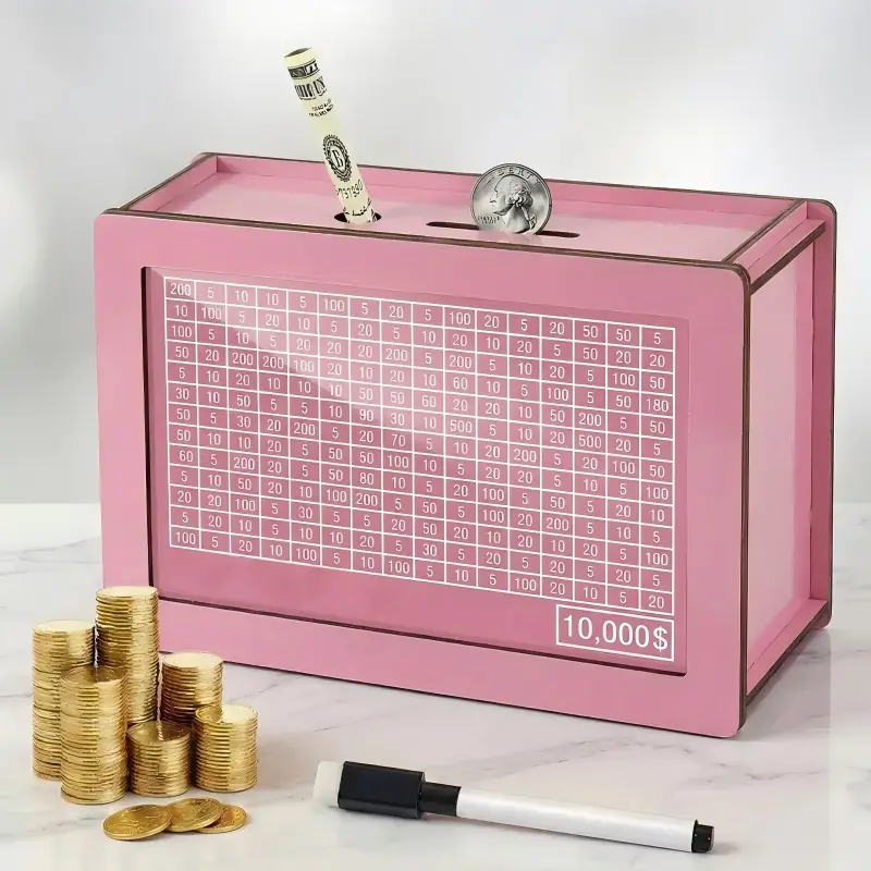 Modern Design Wooden Piggy Bank - Pink, Sustainable, Durable, Portable Money Jar with Target & Counter for Youth Home Decor, Coin Storage, Coinbank